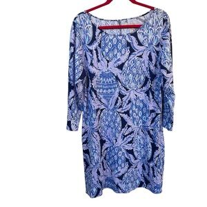 Lilly Pulitzer Marlowe Shift Dress XL Pineapple Print 100% Pima Cotton Blue